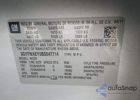 2011 Cadillac Srx Luxury Collection z USA, uszkodzony, nr VIN 3GYFNAEY9BS647714